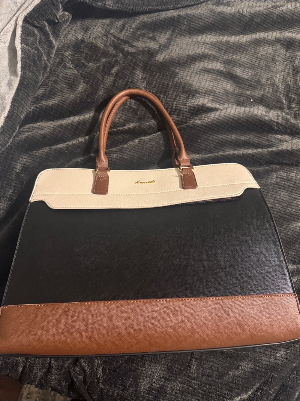 Women’s Tricolor Leather Brief Tote - Black, Brown & Cream